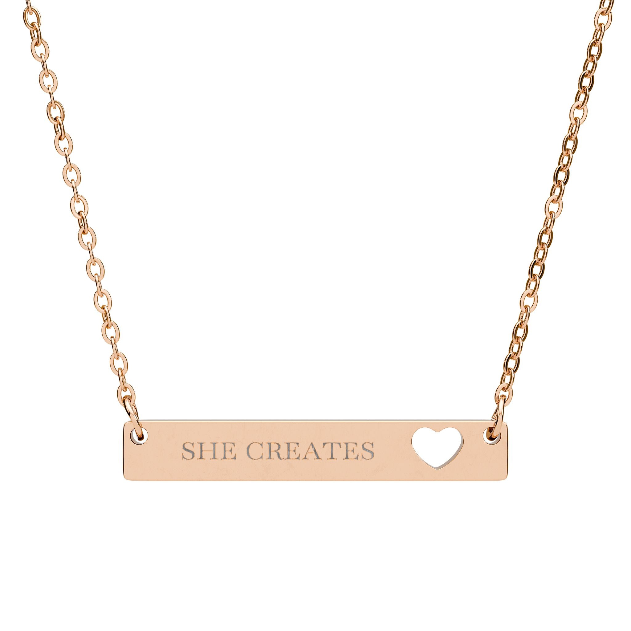 "She Creates" Engraved Cutout Heart Bar Necklace