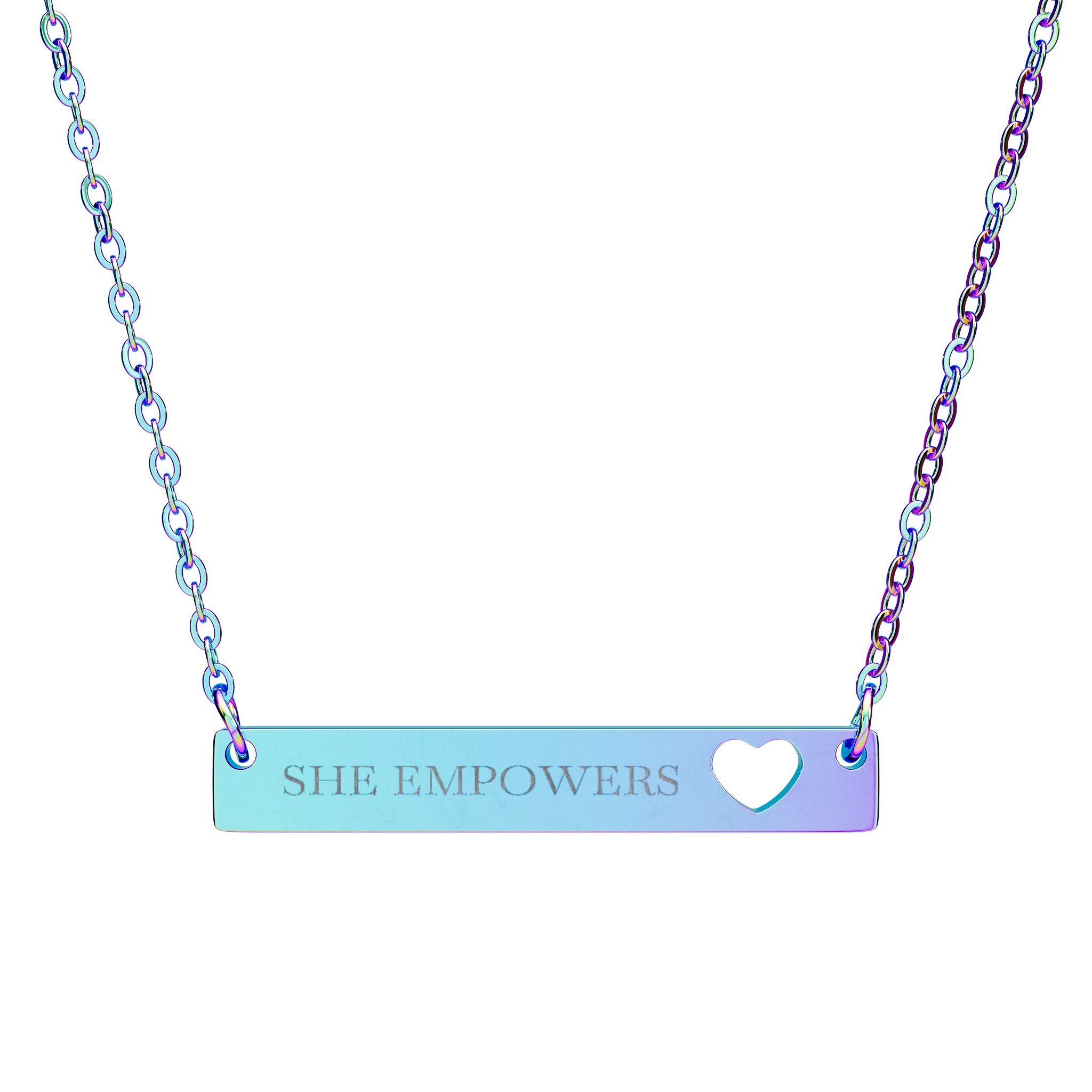 "She Empowers" Engraved Cutout Heart Bar Necklace