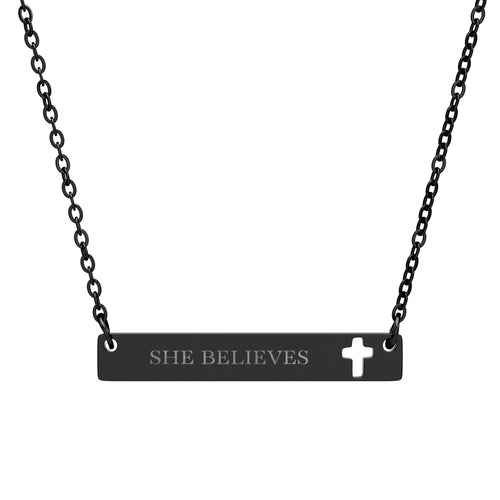 "She Believes" Engraved Cutout Cross Bar Necklace