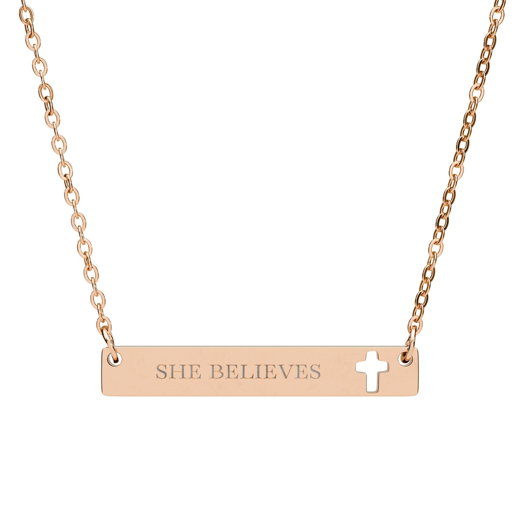 "She Believes" Engraved Cutout Cross Bar Necklace