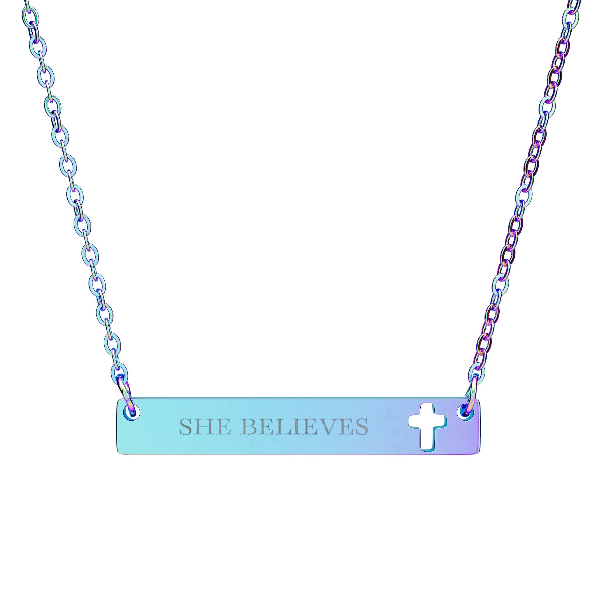 "She Believes" Engraved Cutout Cross Bar Necklace