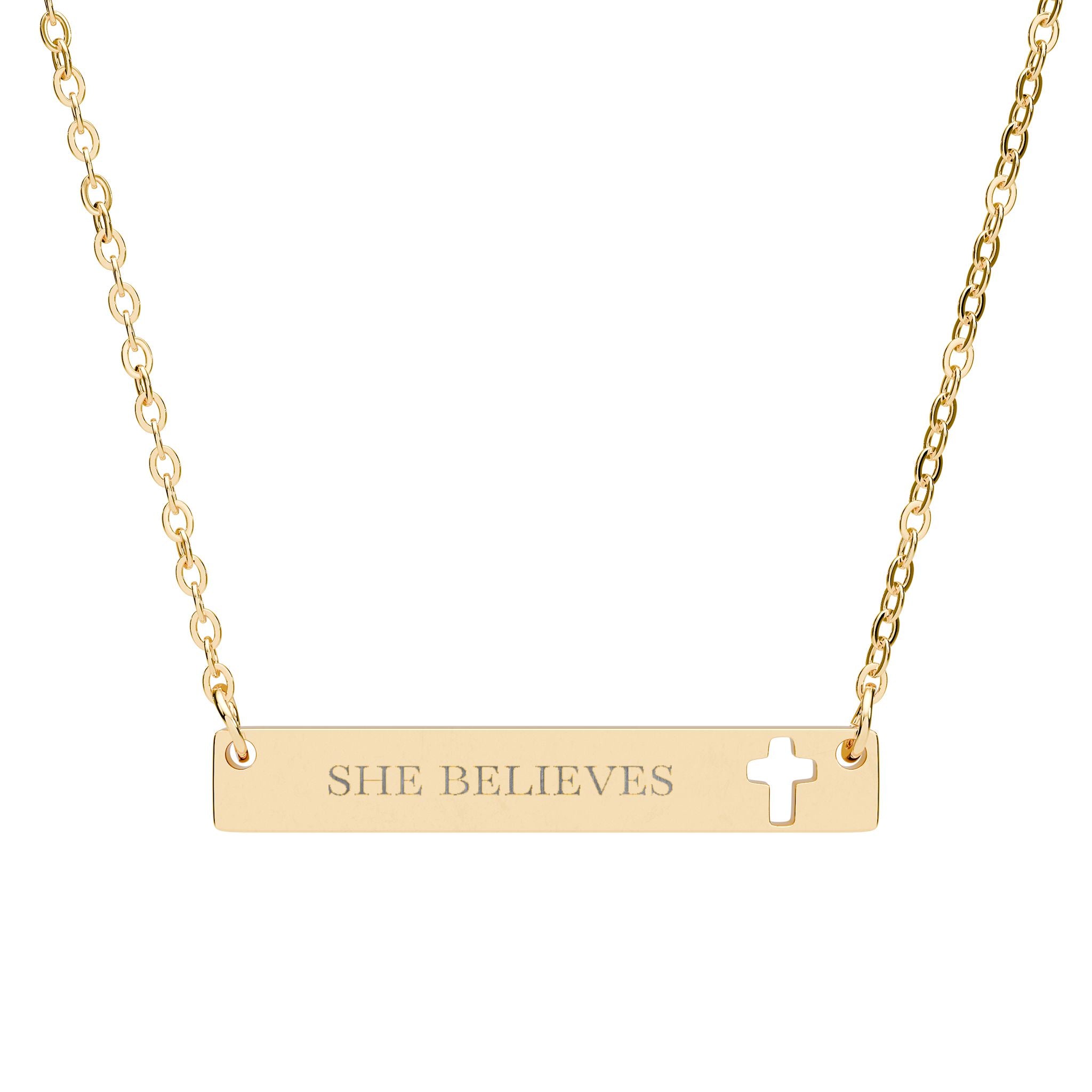 "She Believes" Engraved Cutout Cross Bar Necklace