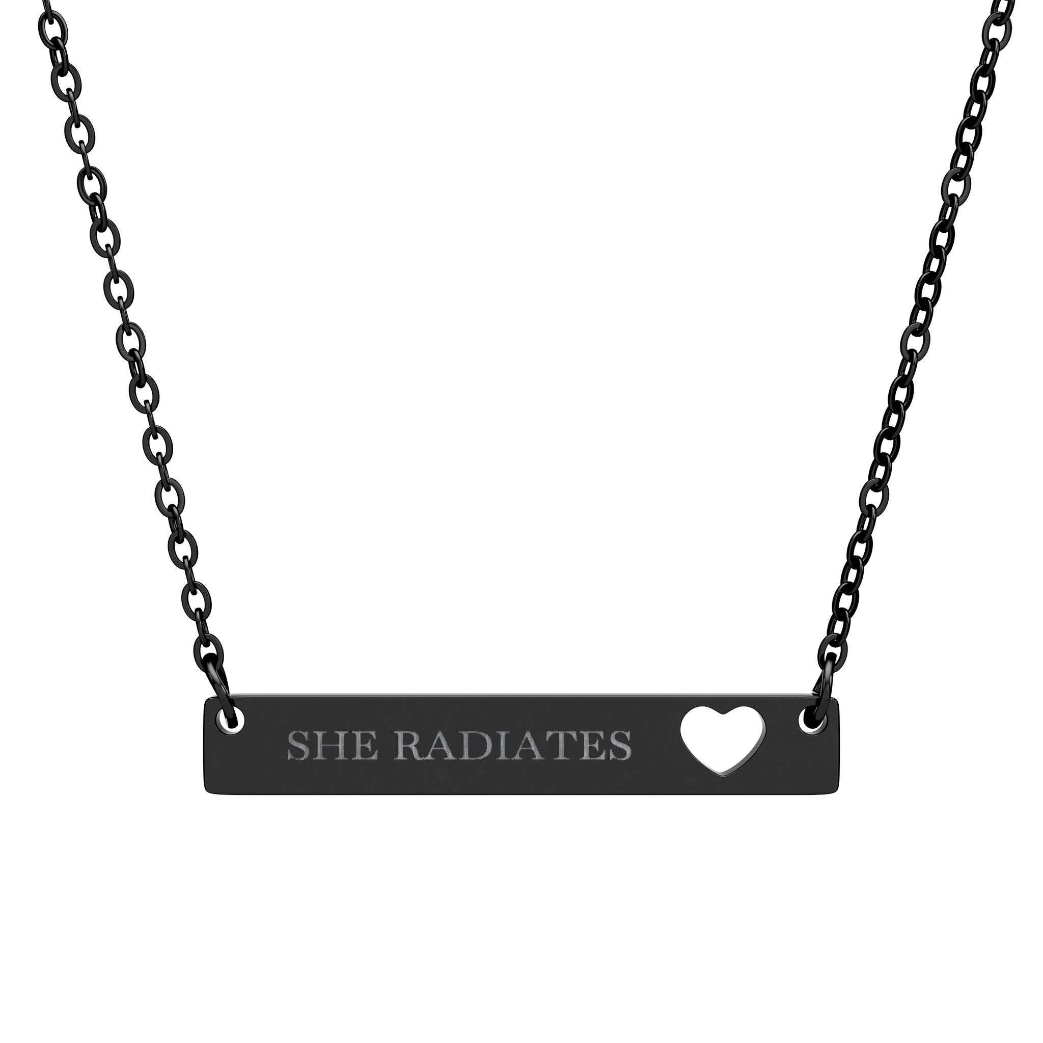 "She Radiates" Engraved Heart Cutout Bar Necklace