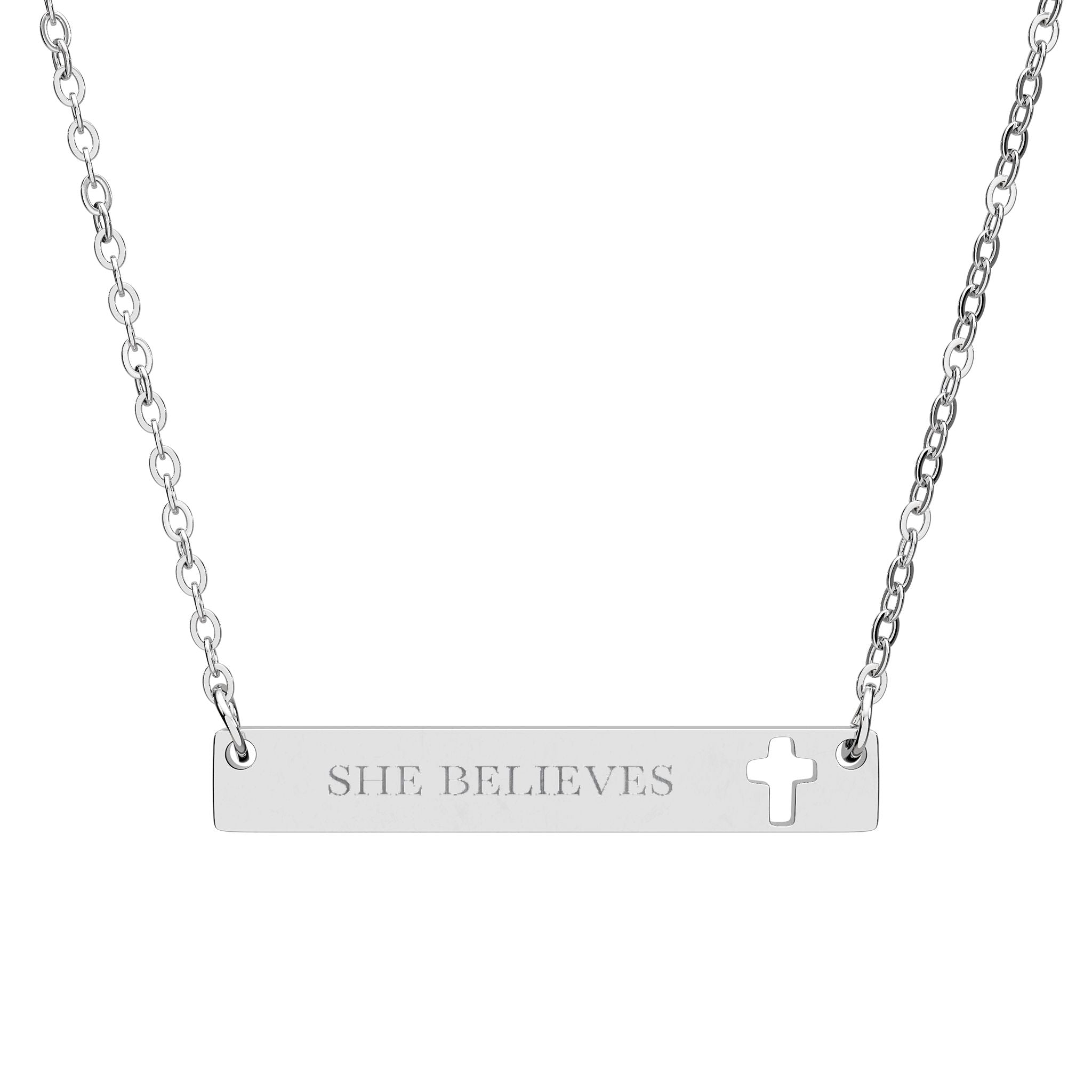 "She Believes" Engraved Cutout Cross Bar Necklace