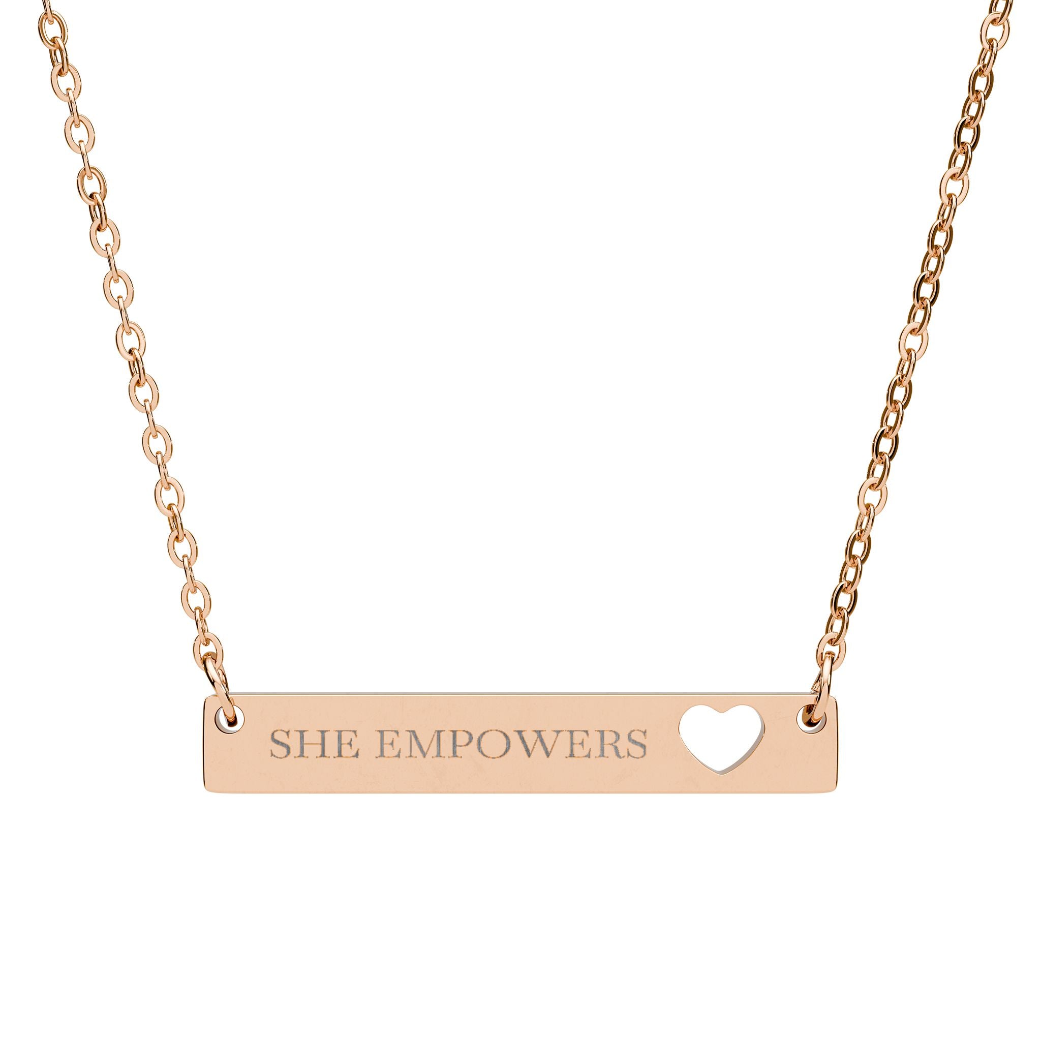 "She Empowers" Engraved Cutout Heart Bar Necklace
